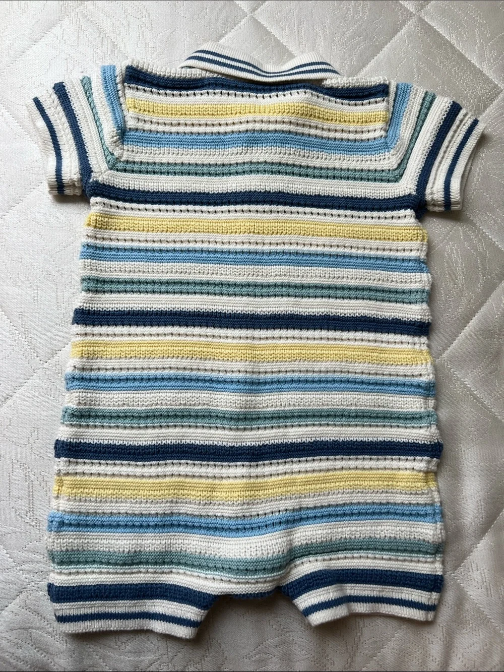Baby Gap 18-24 mos Striped Knit Polo Romper in Blue, Yellow & Cream soft Knit